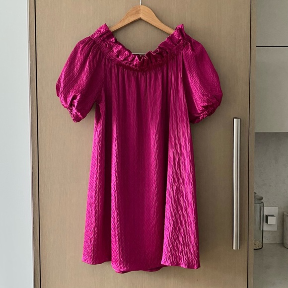 Sezane edition tamara voluminous puff sleeve mini dress fuchsia magenta pink - Picture 3 of 8